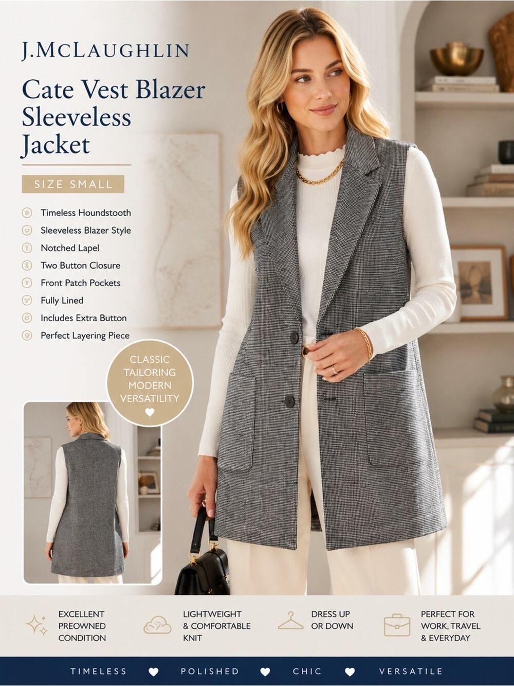 J.McLaughlin Cate Vest Blazer Sleeveless Jacket Houndstooth Size Small NWOT